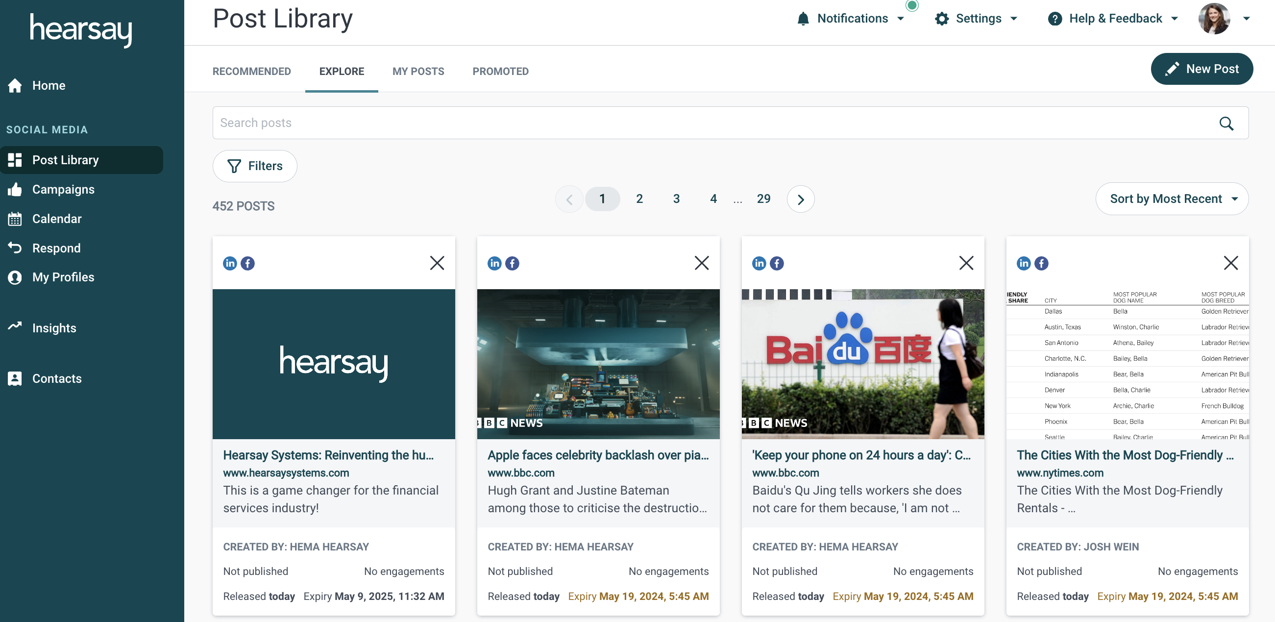 Hearsay Social Post Library showing a selection of suggested posts and publishing controls