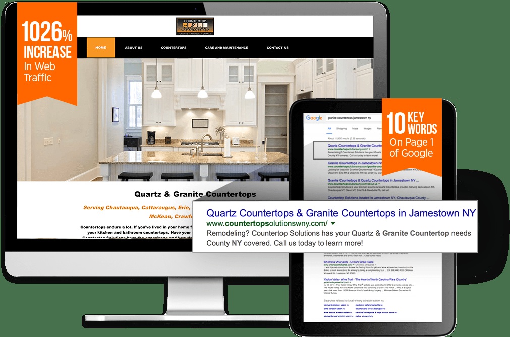 Hearst DMS mockup of the Countertop Solutions website on desktop, tablet and phone