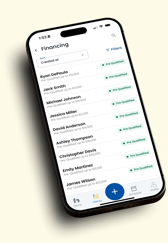 Official Hearth mobile product mockup showing a list of homeowner financing prequalification statuses