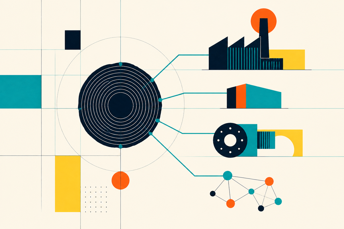 Abstract Swiss-style illustration of a strong central tree ring connected to industrial businesses