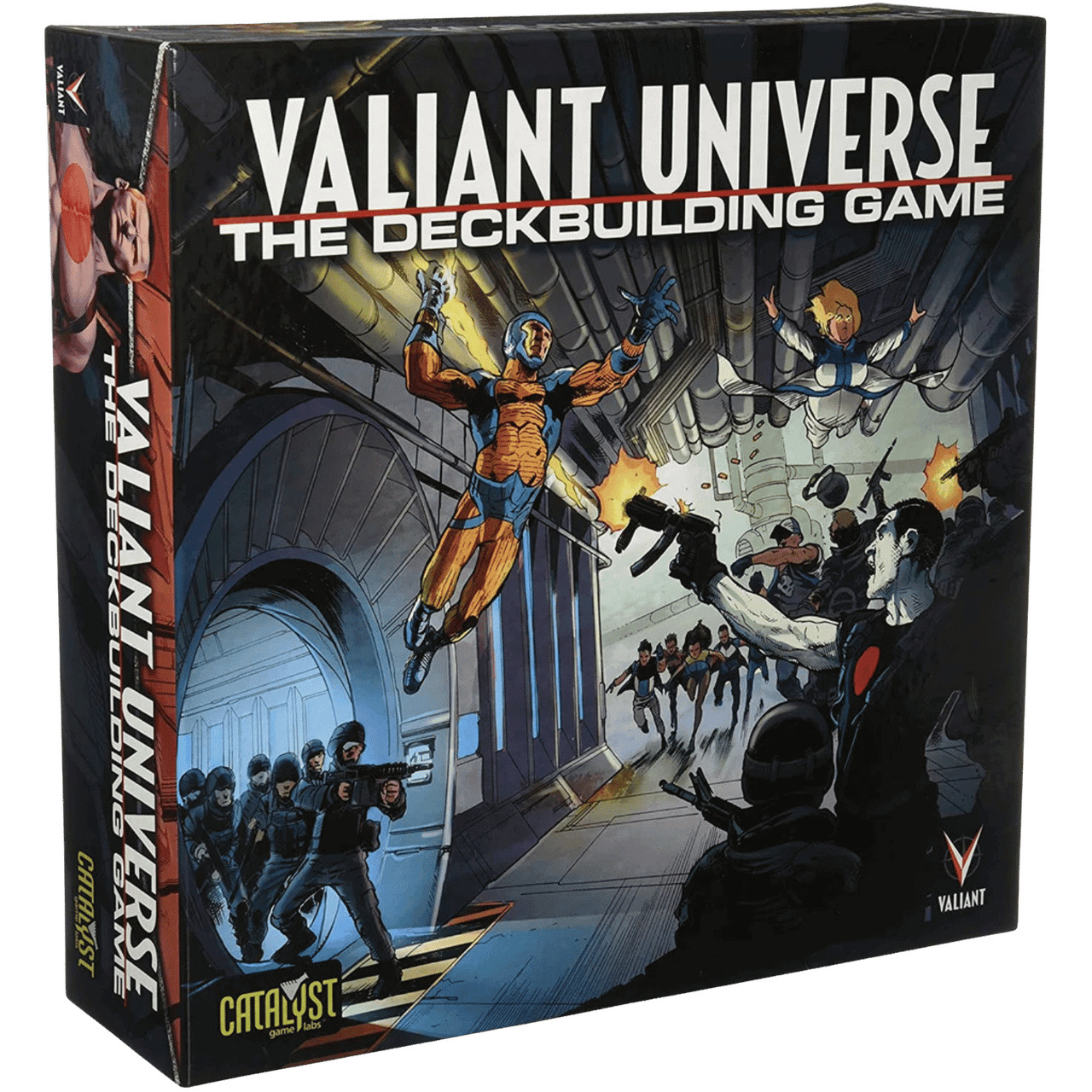 Box for Valiant Universe: The Deckbuilding Game, which credits Heather Smith among its designers