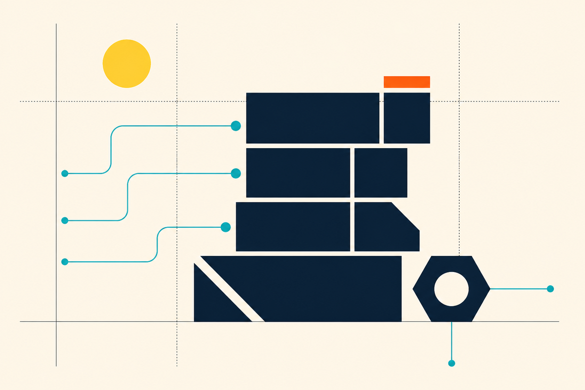 Abstract geometric illustration of connected software infrastructure blocks