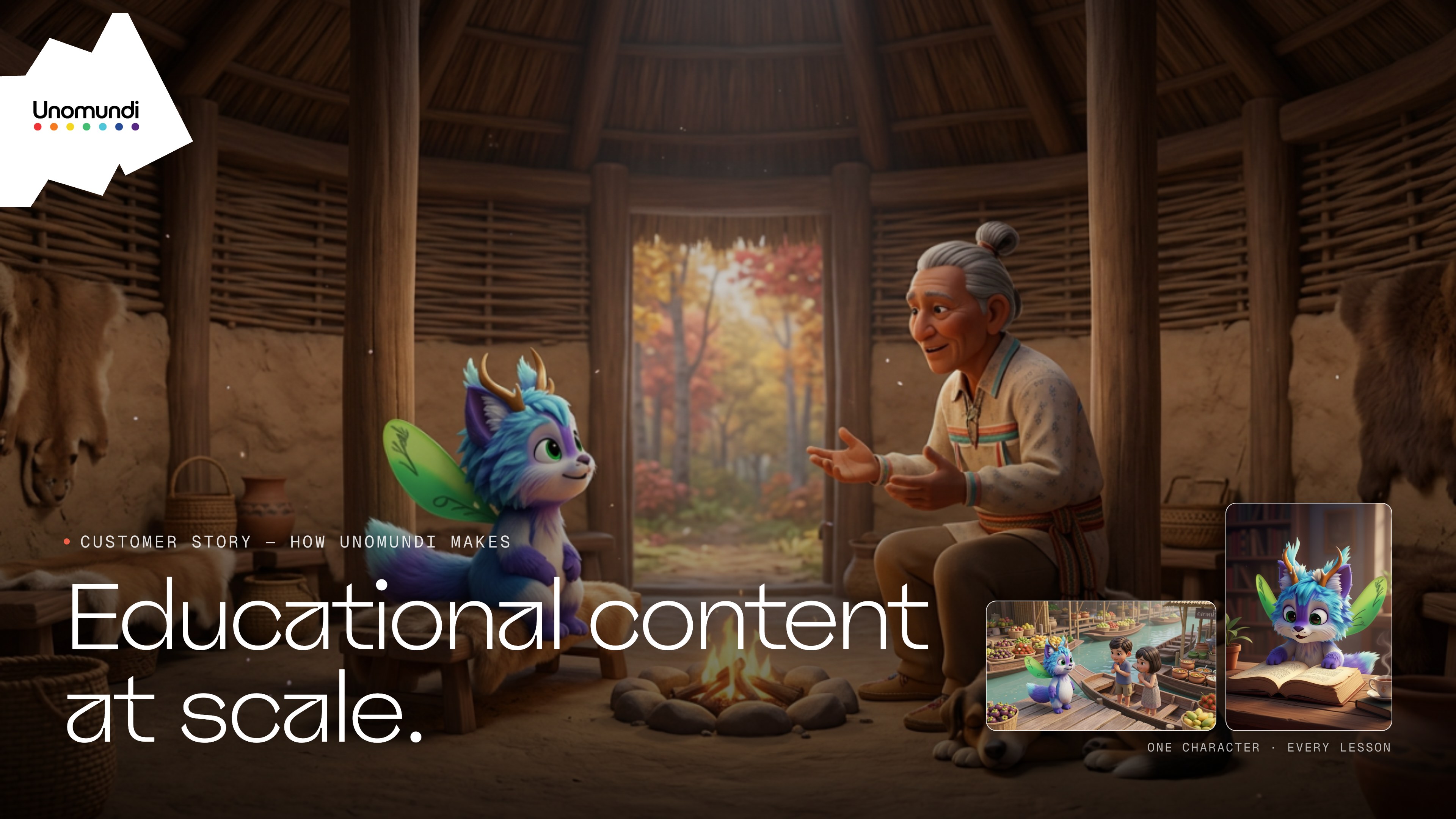 Unomundi educational story showing its animated guide character in a scene