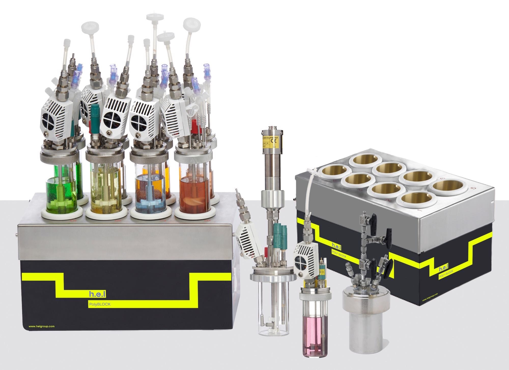 H.E.L PolyBLOCK reaction platforms with glass vessels, probes and interchangeable reactor assemblies
