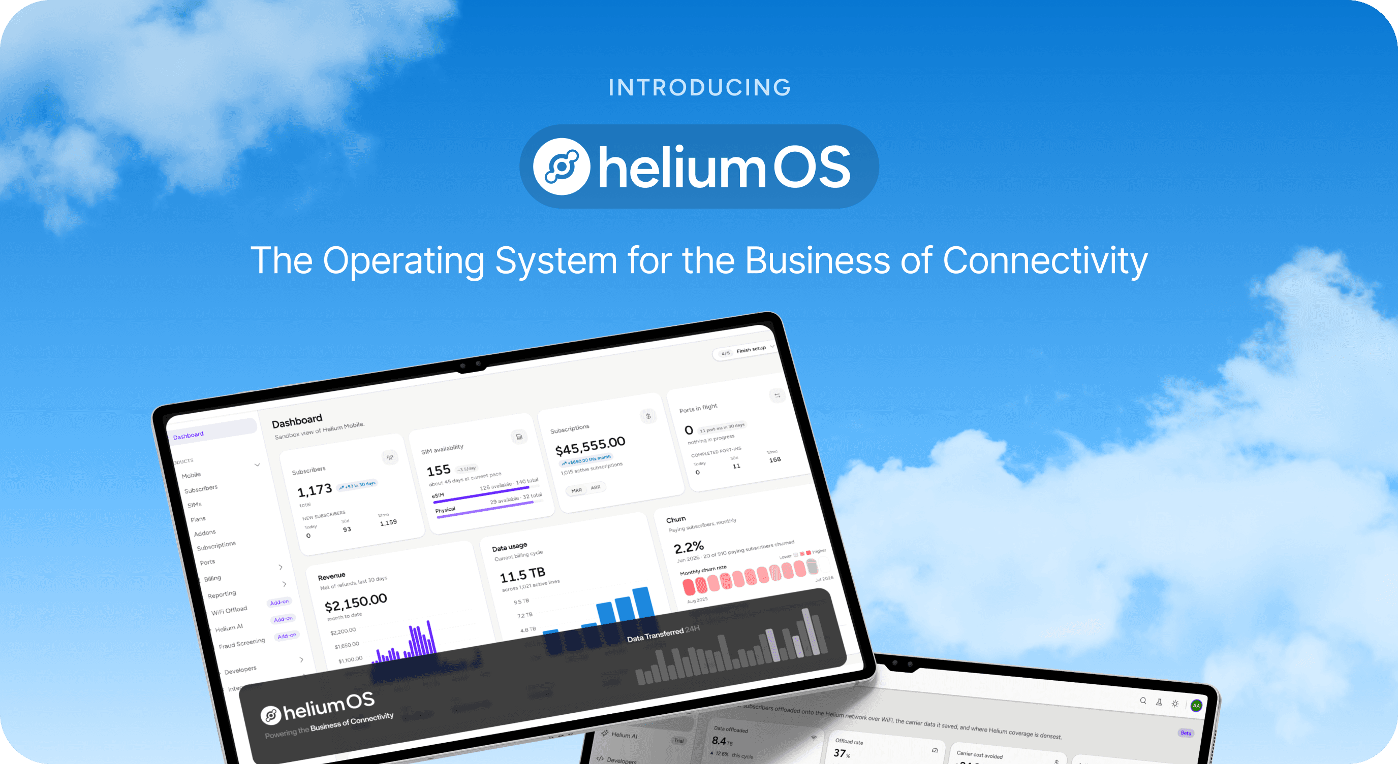 HeliumOS announcement graphic showing the telecom operations dashboard on laptops