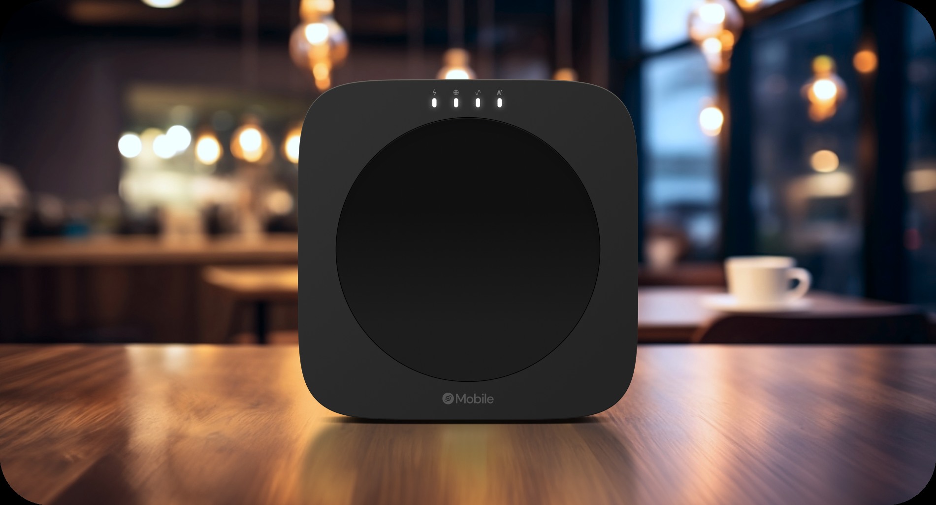 A Helium Mobile indoor hotspot shown on a café table