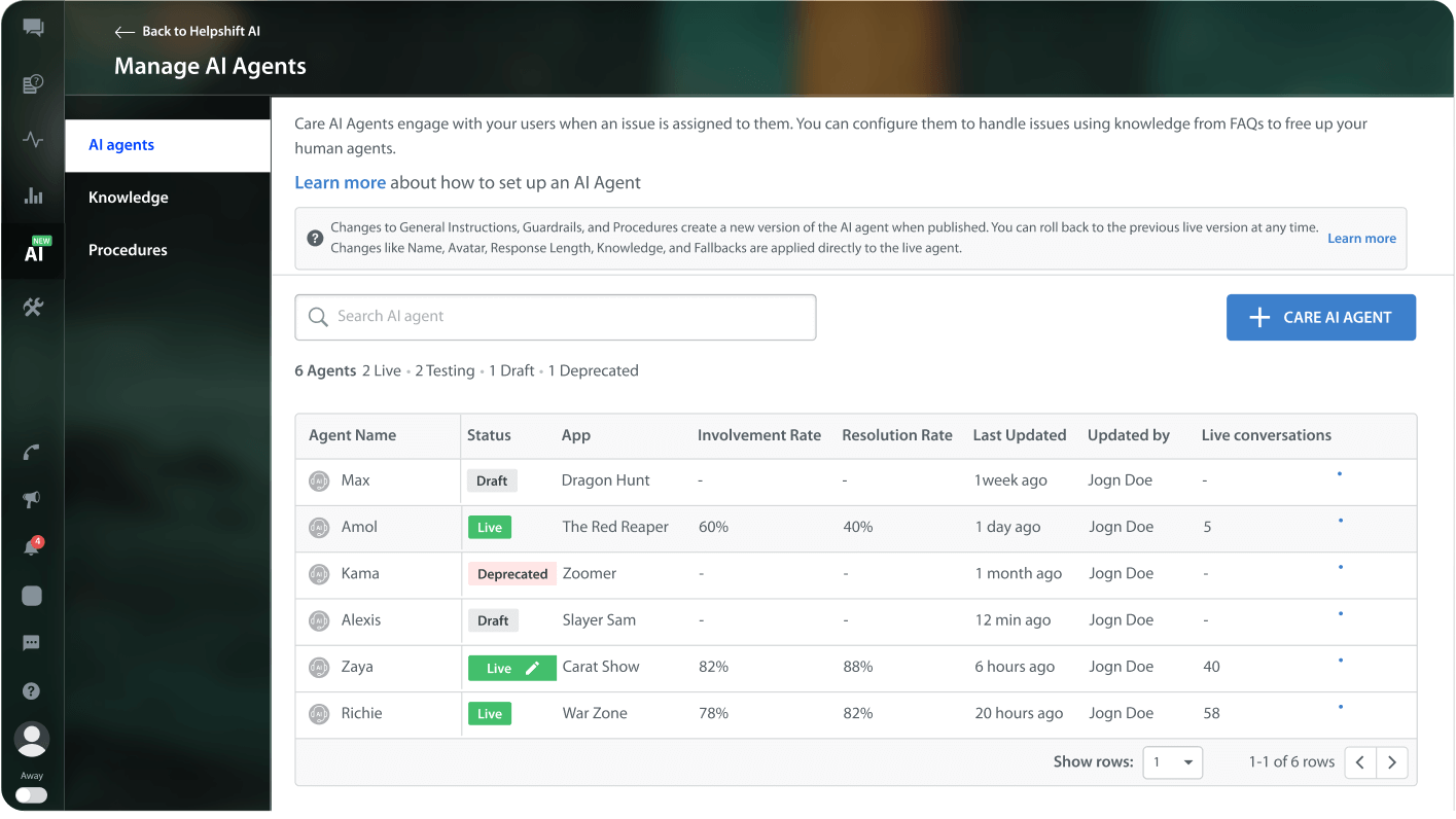 Helpshift interface for managing AI agents