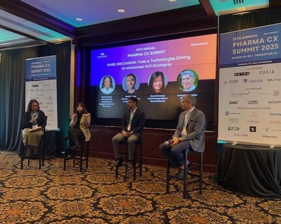 Four speakers seated on stage at the 2025 Pharma CX Summit, with Hemal Somaiya among the panelists.