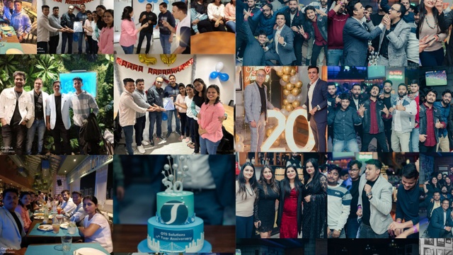 Collage of OTS Solutions employees celebrating the company’s twentieth anniversary