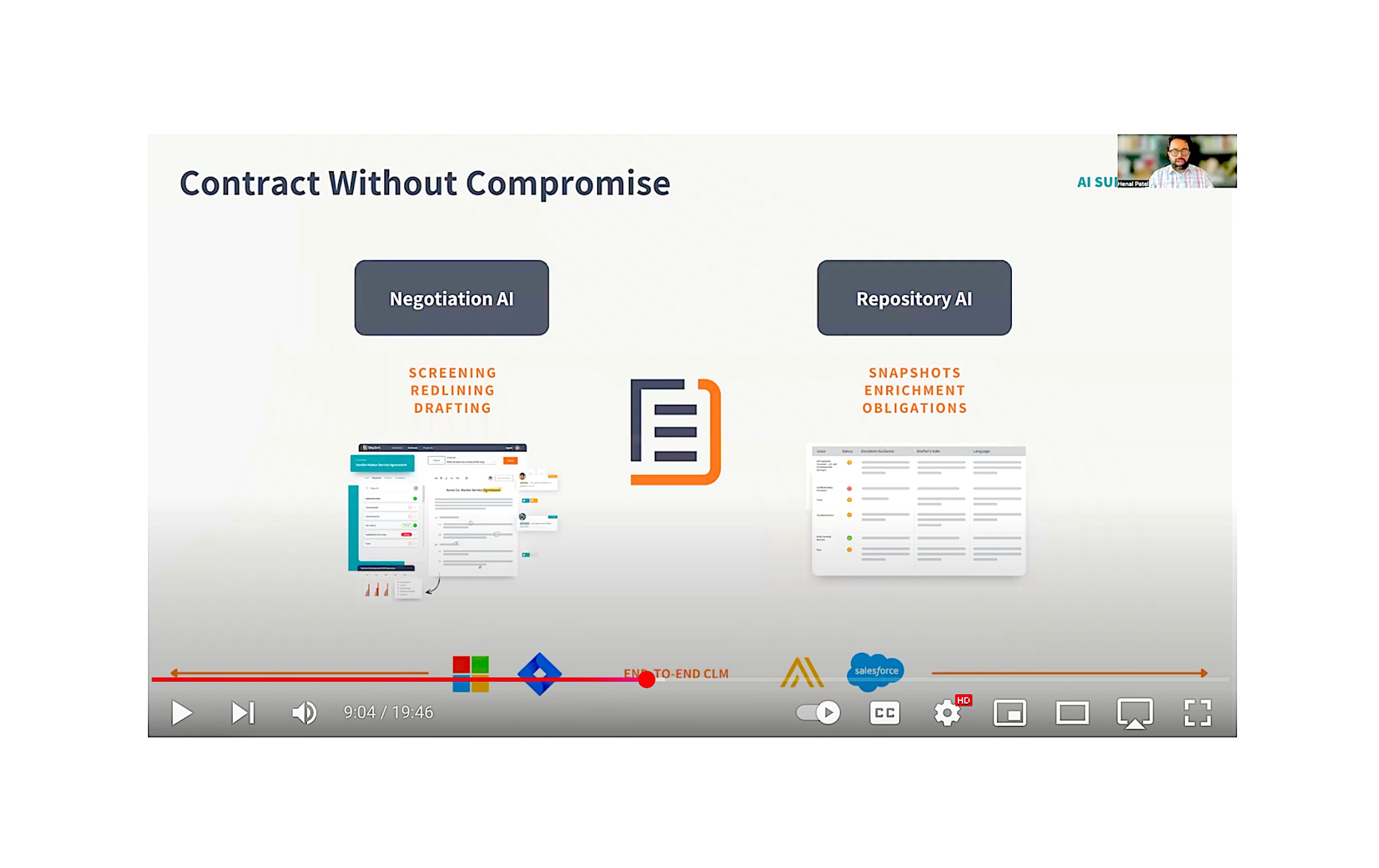 A slide from Henal Patel’s 2025 DocJuris demonstration, with Patel visible in the upper-right video window