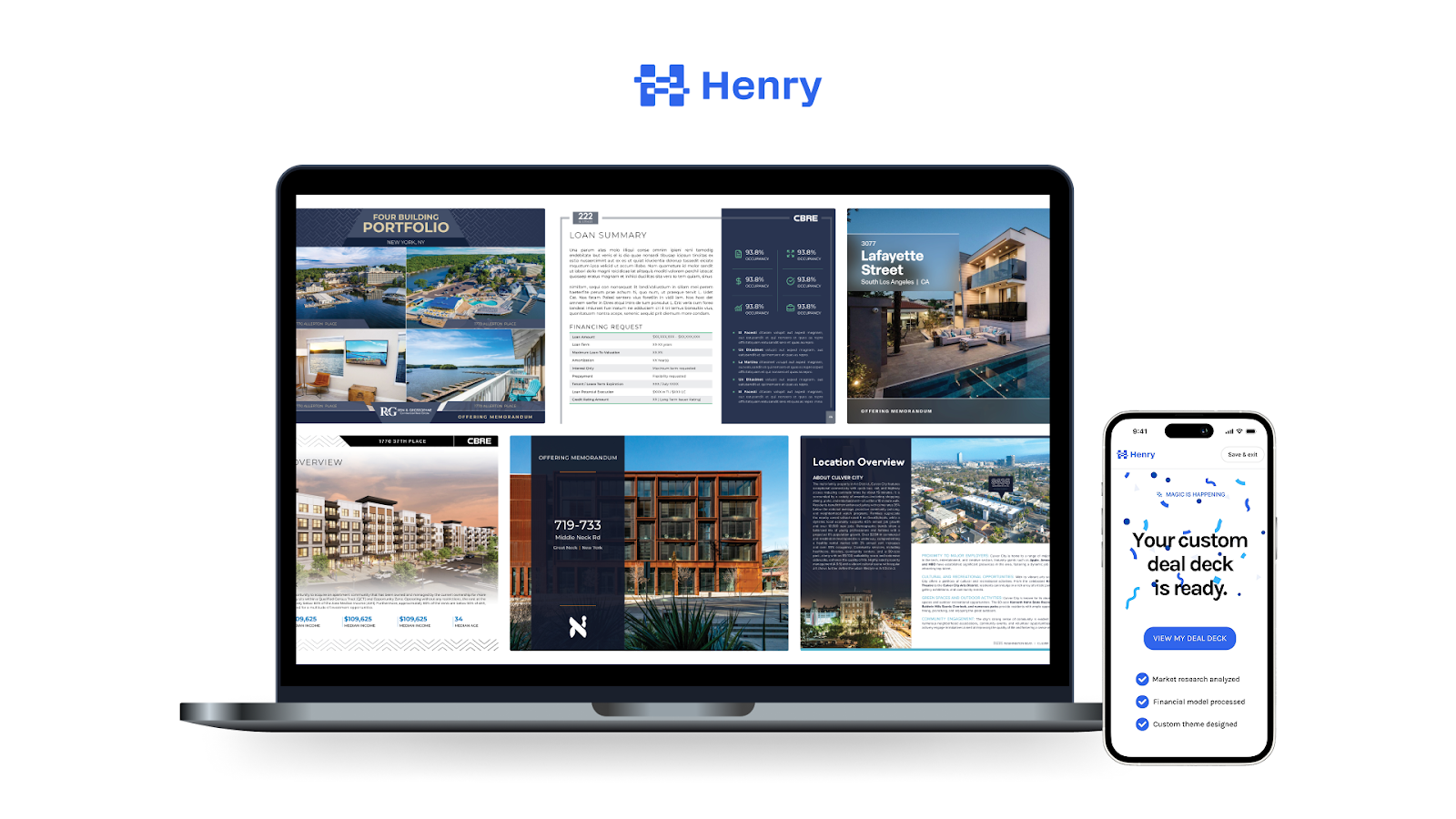 Henry’s 2025 product illustration showing a property memorandum on a laptop and a delivery notification on a phone