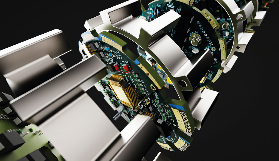 Hephae illustration showing circular circuit boards held inside a metal chassis