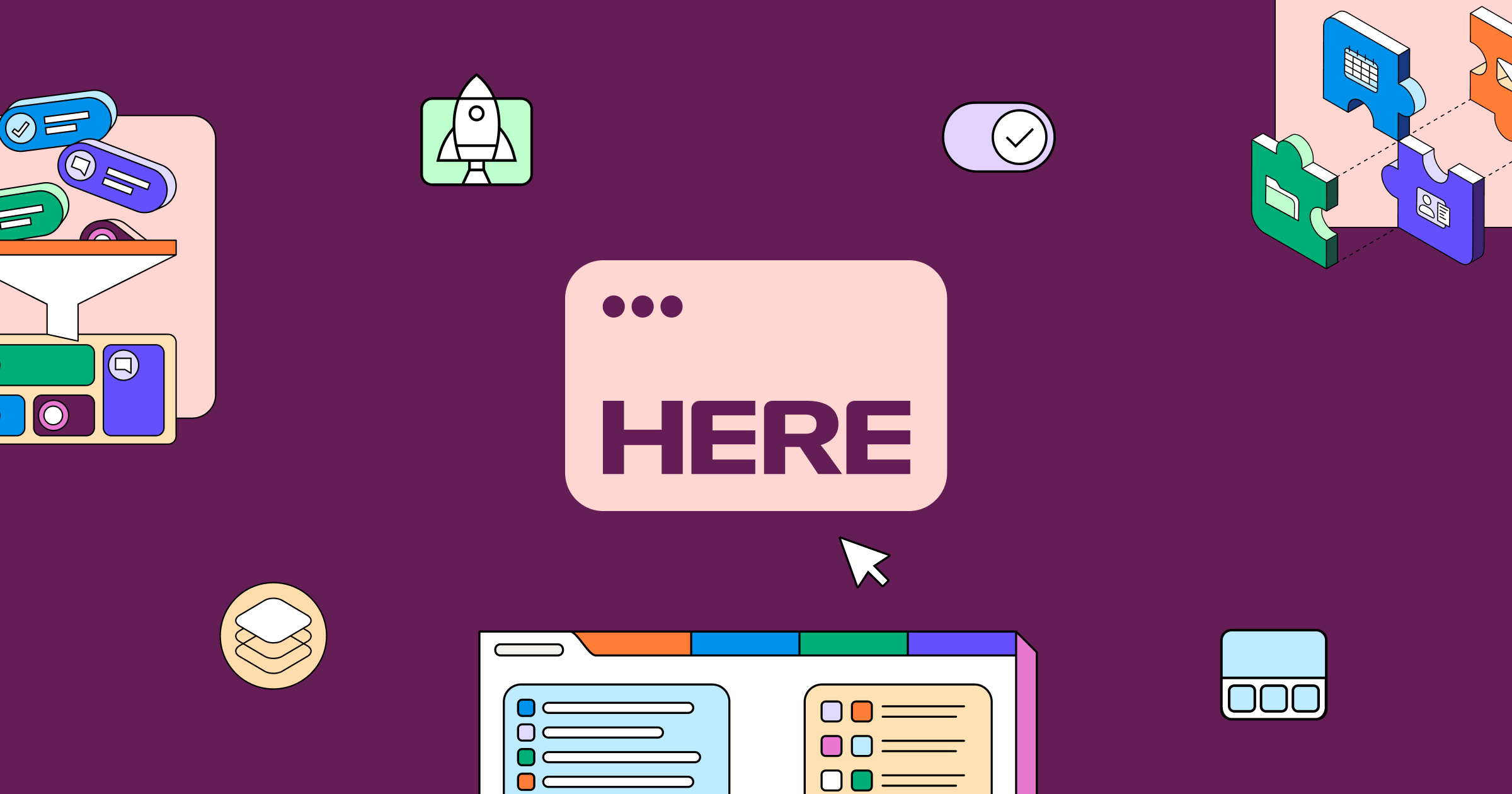 HERE enterprise browser brand graphic with the HERE wordmark surrounded by app, layout and interoperability icons