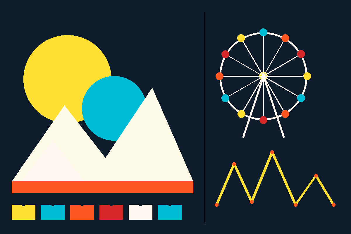 Swiss-style illustration of a Ferris wheel, mountains and a roller-coaster line