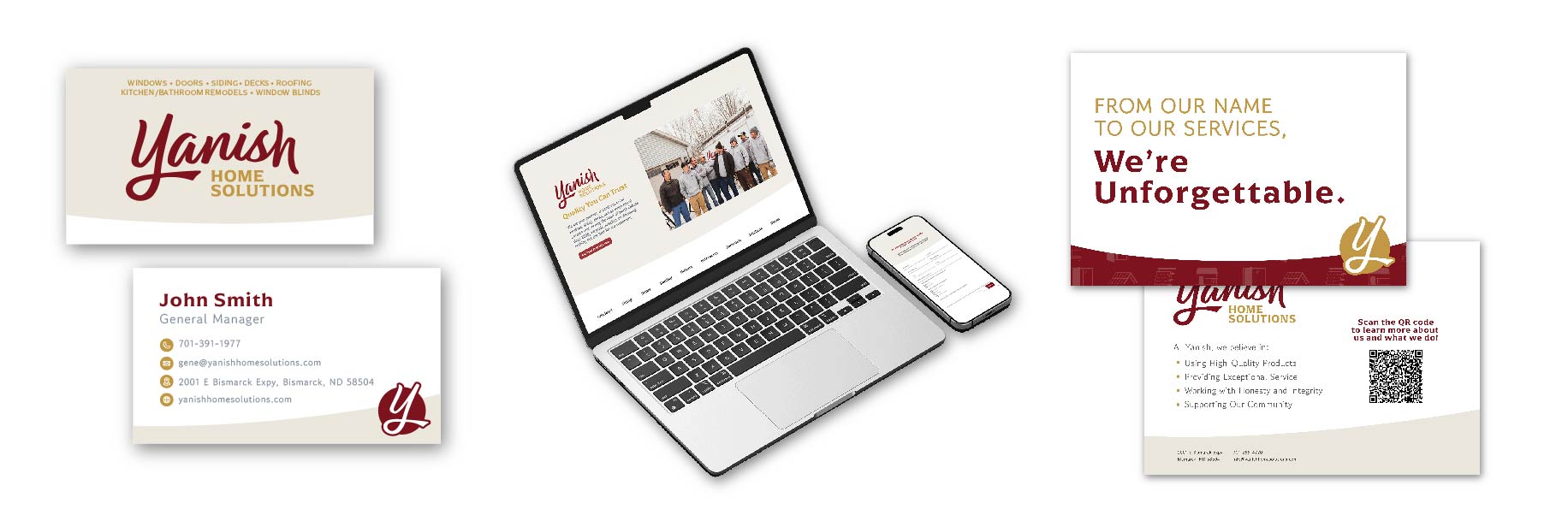 Yanish Home Solutions brand, website, mobile and print work arranged together