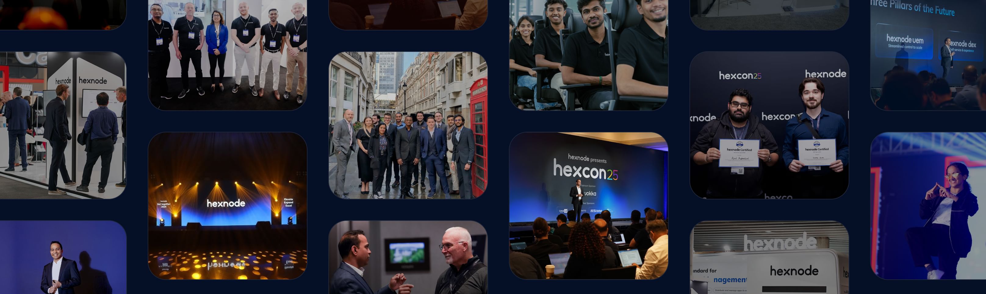 A collage of Hexnode employees at company and industry events