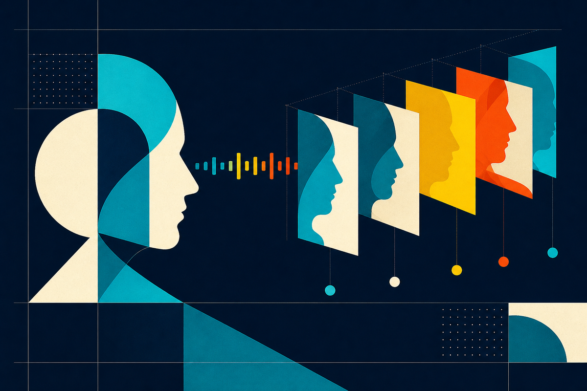 Abstract geometric faces moving through colored frames, suggesting a voice translated across digital identities
