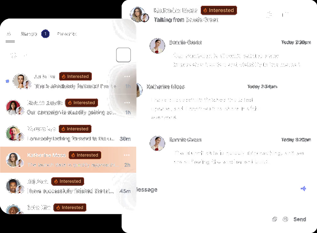 HeyReach Unified Inbox with conversations tagged as interested