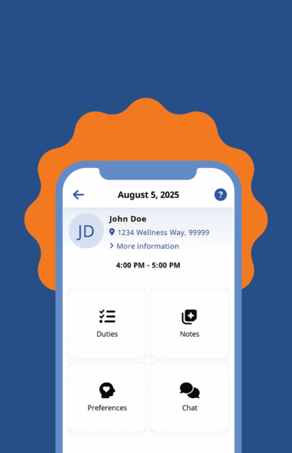 HHAeXchange’s caregiver app illustration showing a sample visit with duties, notes, preferences, and chat.