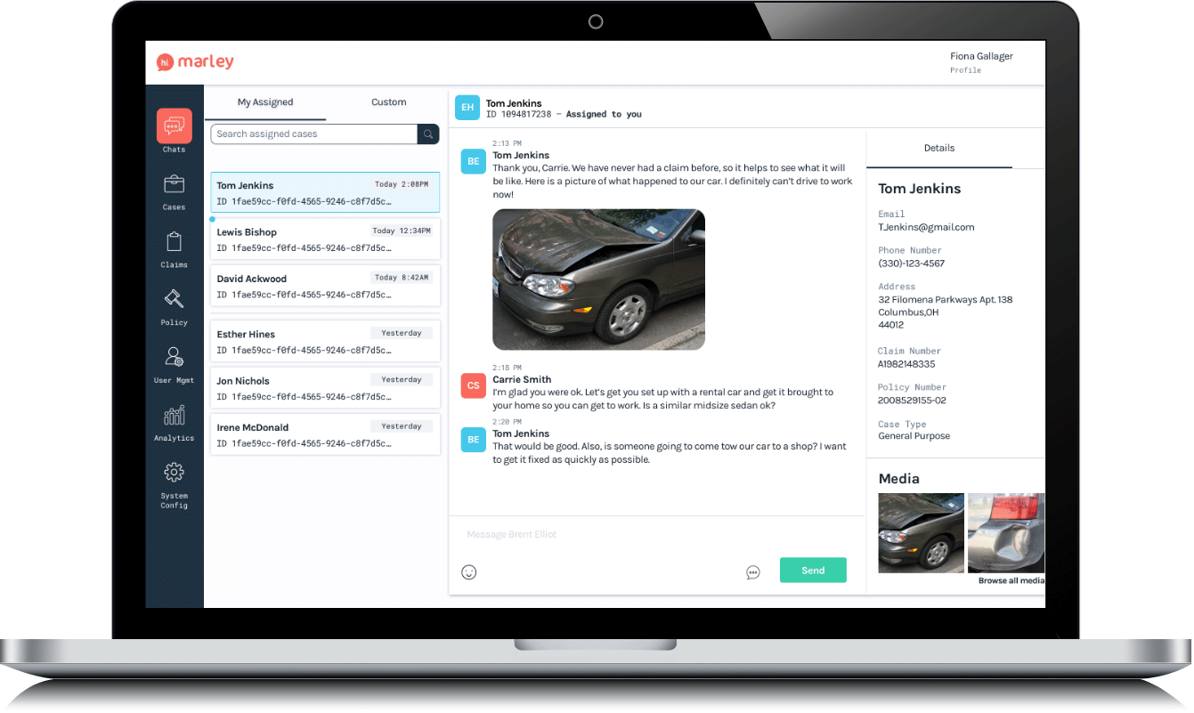 Hi Marley's intelligent conversational platform shown on a laptop, with a claims text thread between an adjuster and a policyholder
