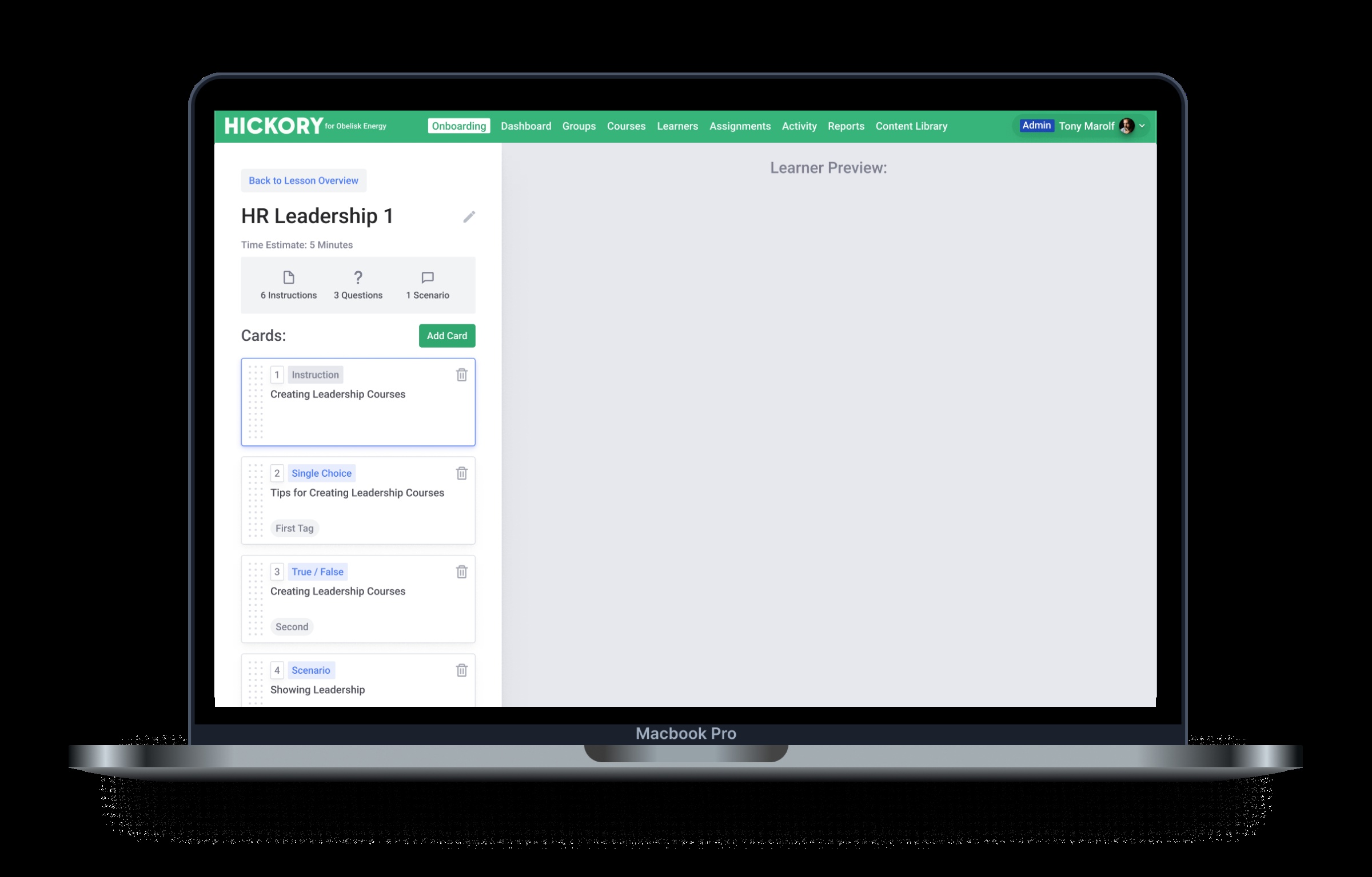 Hickory’s published product mockup showing a card-based lesson editor