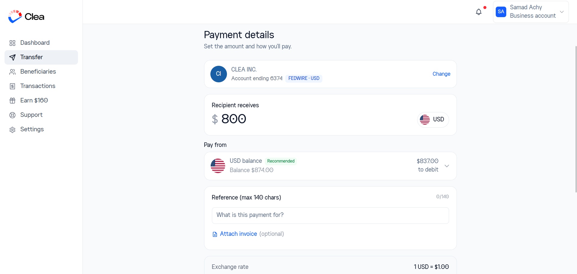 Clea dashboard showing its international supplier payment interface