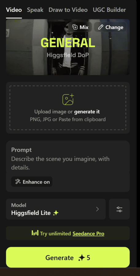 Higgsfield video generation interface with upload, prompt and camera preset controls