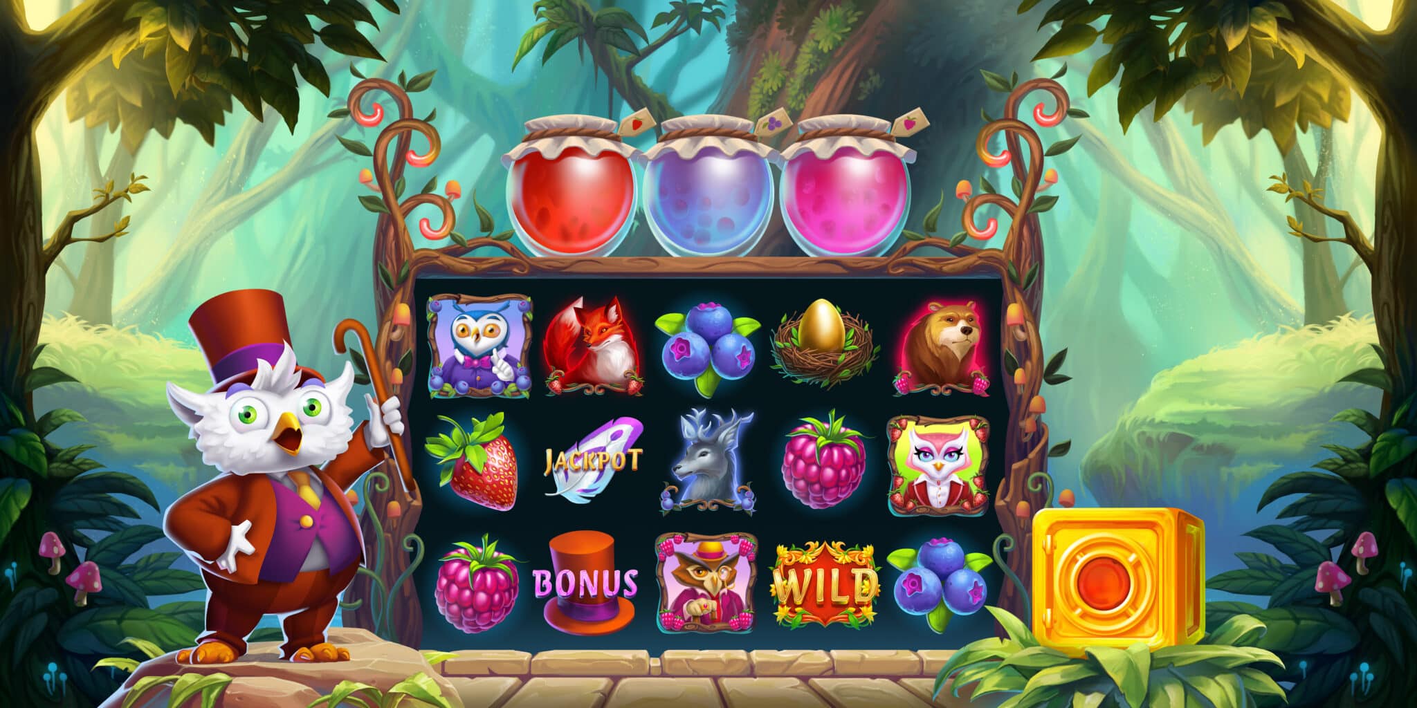 Hootie in a top hat beside woodland-themed slot reels, with fruit and animal symbols