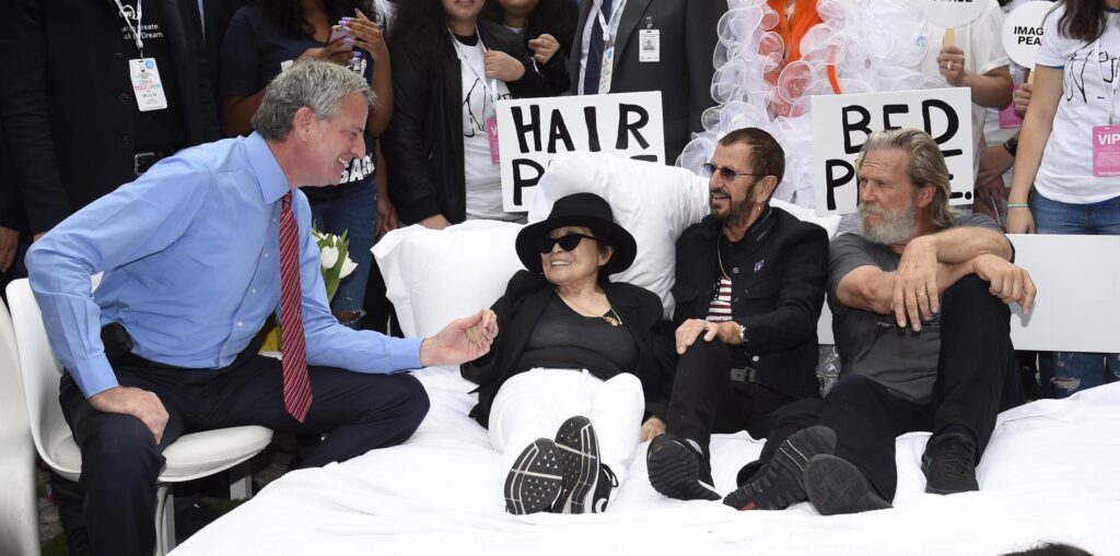 Yoko Ono, Ringo Starr, Jeff Bridges and New York civic leaders at a John Lennon Educational Tour Bus event