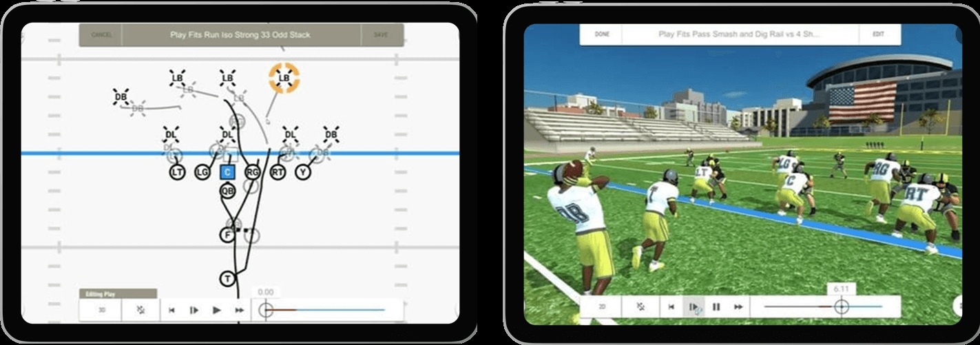 GoArmy Edge Football showing a two-dimensional play diagram alongside a three-dimensional field simulation