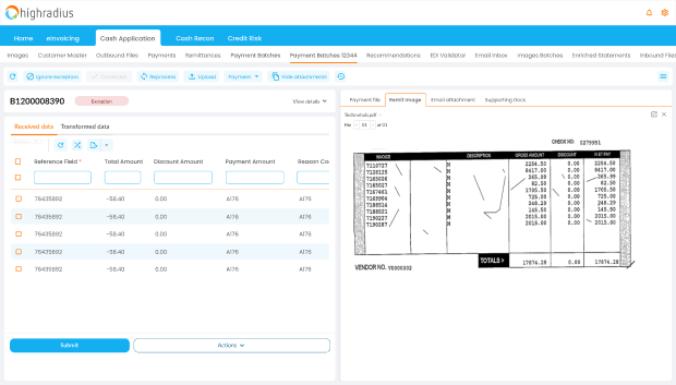 HighRadius cash application interface showing extracted payment fields beside a scanned remittance document