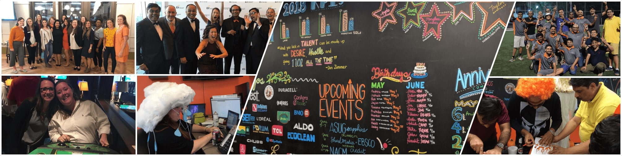 Collage from HighRadius’s culture page showing staff gatherings, a chalkboard and team activities
