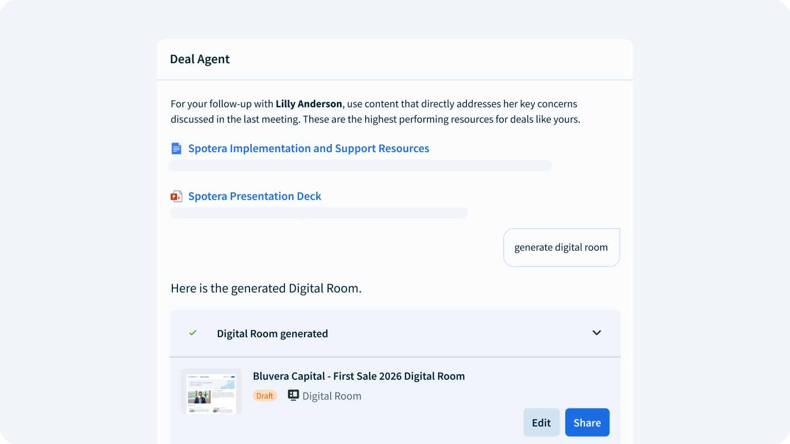 Highspot product illustration showing Deal Agent assistance and a digital sales room