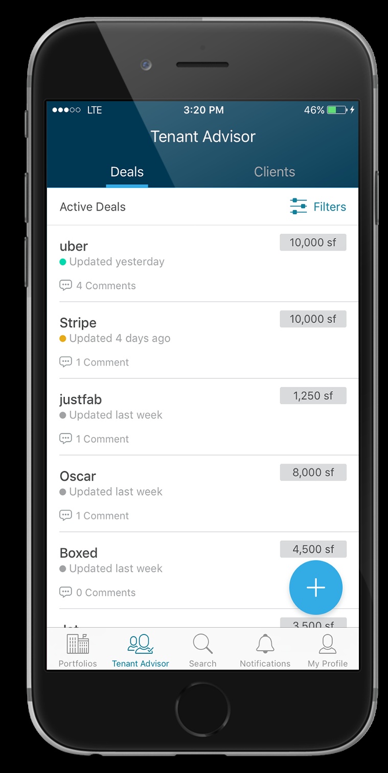 Historical Hightower Tenant Advisor mobile interface showing a deal board on an iPhone