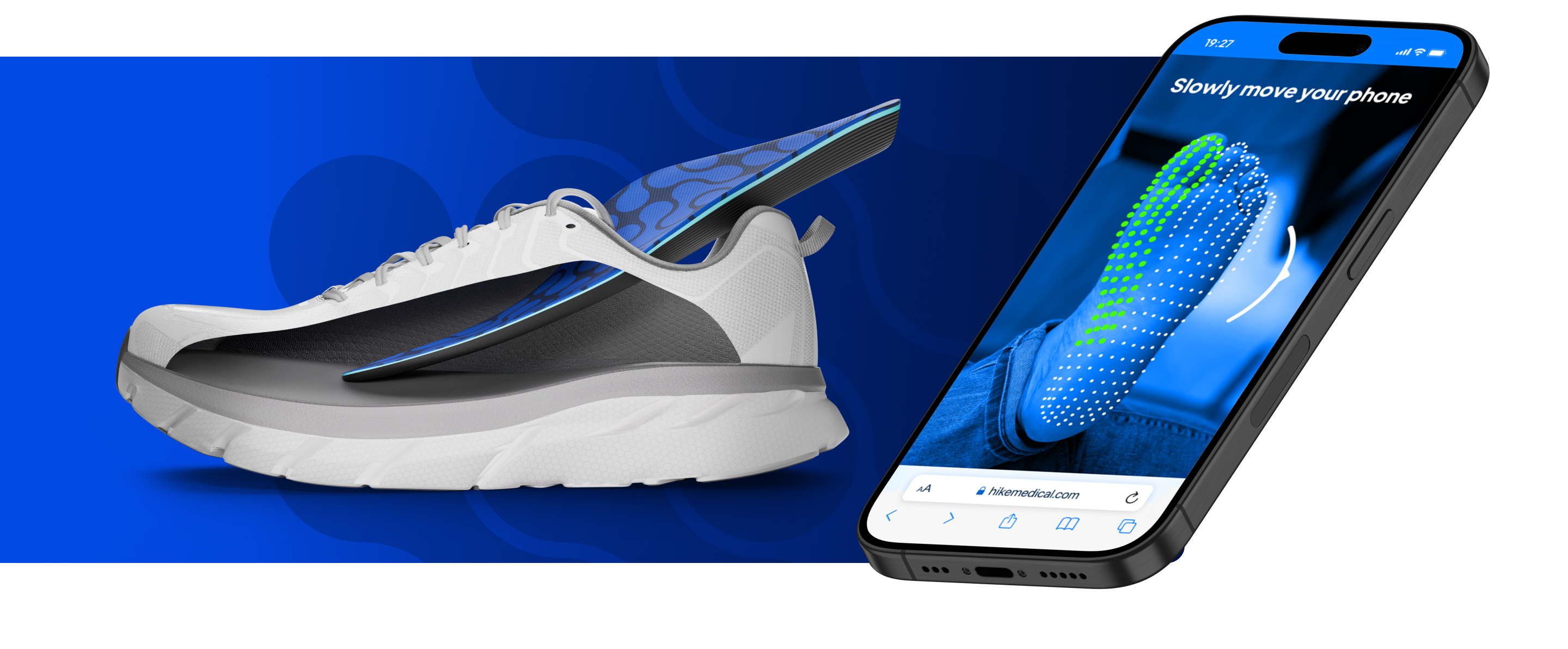 Hike illustration of a smartphone foot scan and custom insole inside a shoe