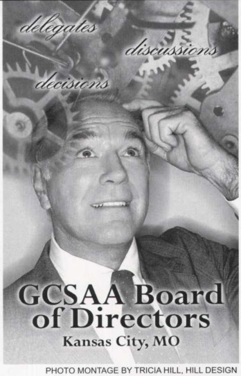 Archival Hill Design photo montage combining a man's face, gears and words about delegates and decisions