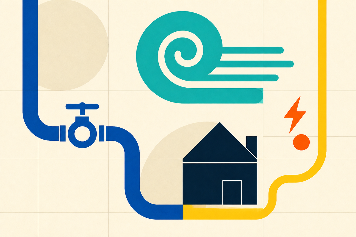 Abstract Swiss-style illustration of plumbing, airflow, electricity and a house