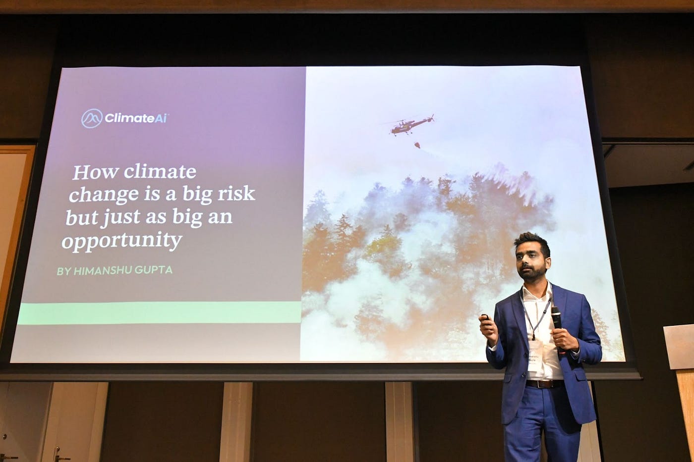 Himanshu Gupta speaking onstage at the Geodesic Forum in Tokyo