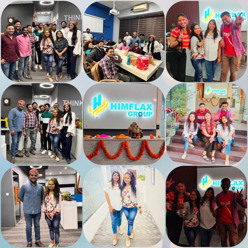 A collage of Himflax colleagues celebrating Holi in the office