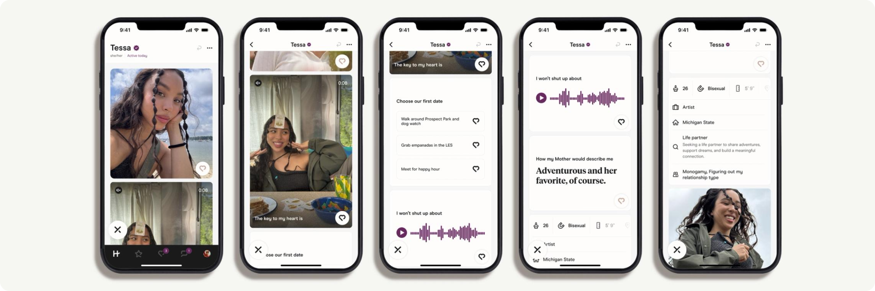 Hinge’s official press screenshots showing profile and app interfaces