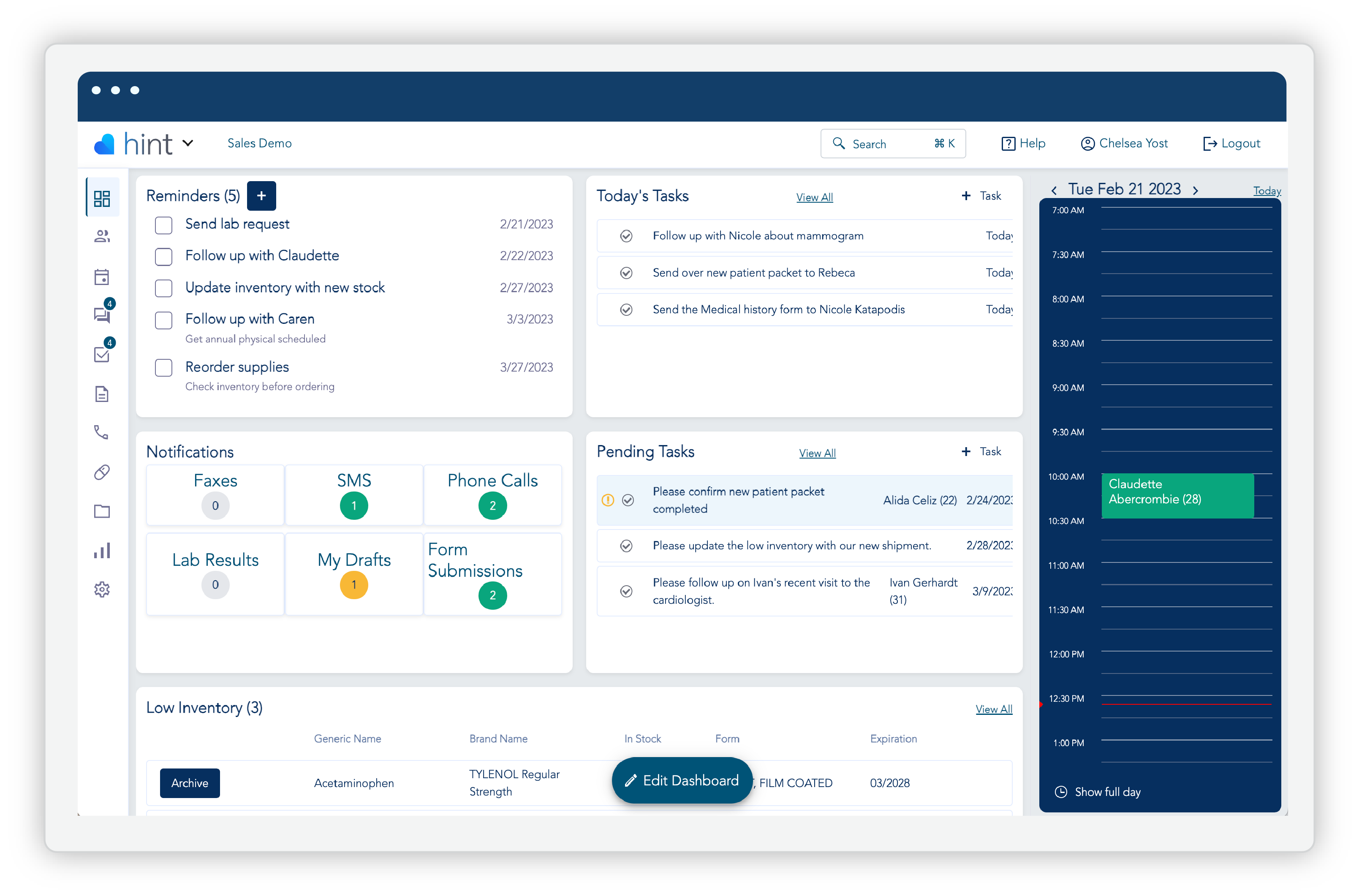 Hint Clinical dashboard with tasks, notifications and appointment calendar