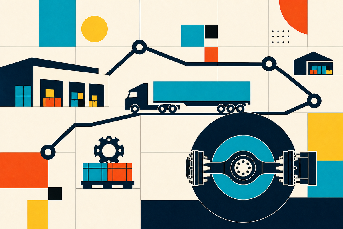Abstract Swiss-style illustration of a trailer, warehouses, an axle and connected distribution routes