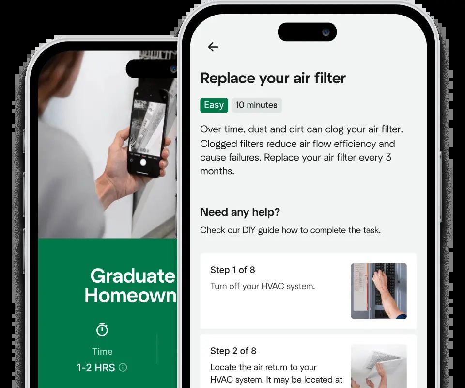 Two Hippo Home app screens showing homeowner guidance and an air-filter replacement checklist