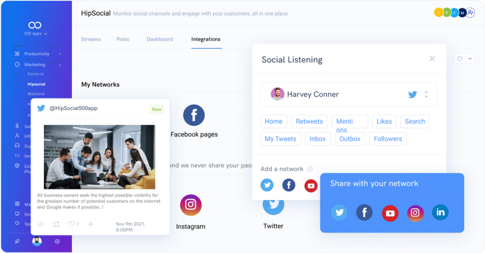Historical HipSocial social listening interface with mentions, replies, inbox and network integrations