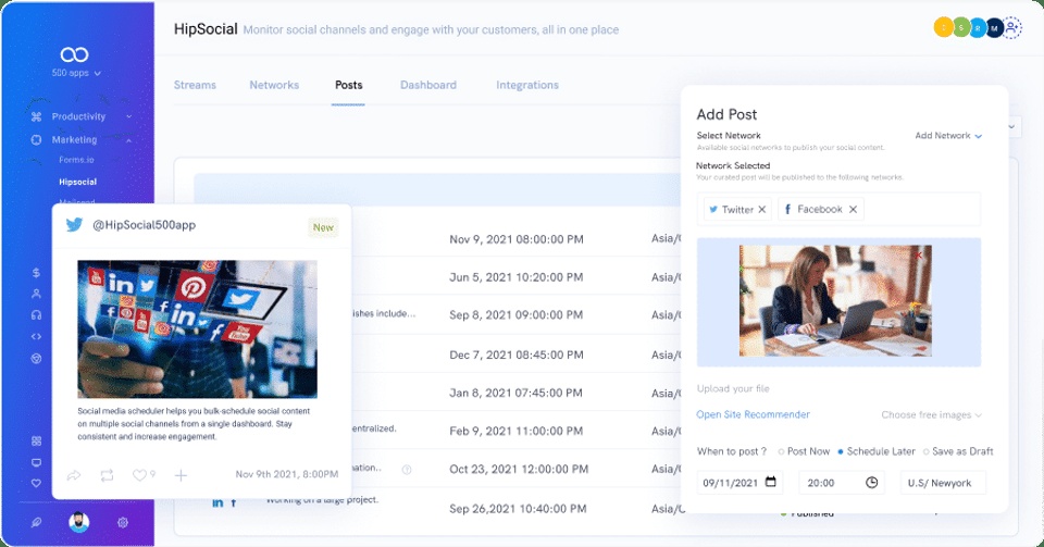 Historical HipSocial post composer with Twitter and Facebook selected and date, time and timezone scheduling controls