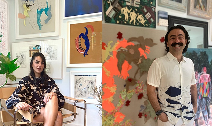 Farnoosh Talaee at left and Hirbod Human at right, each pictured among artworks