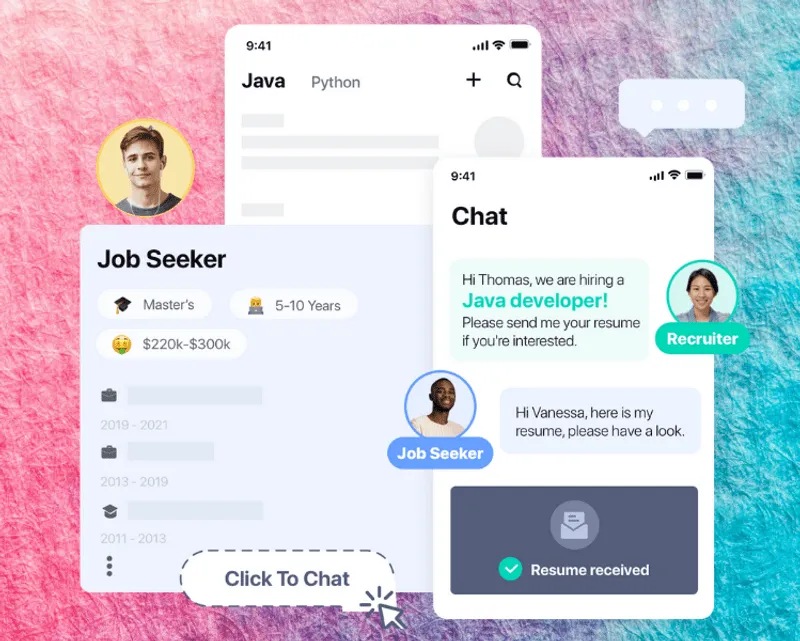 Hirect product illustration showing a job seeker profile and an in-app recruiter chat