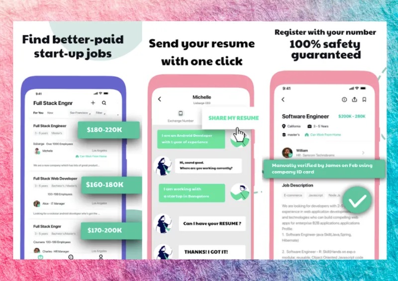 Hirect marketing graphic showing job listings, one-click résumé sharing and recruiter verification screens