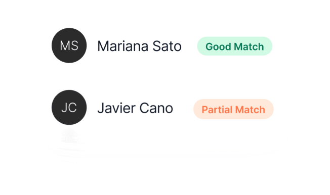 hireEZ interface illustration showing good and partial candidate matches