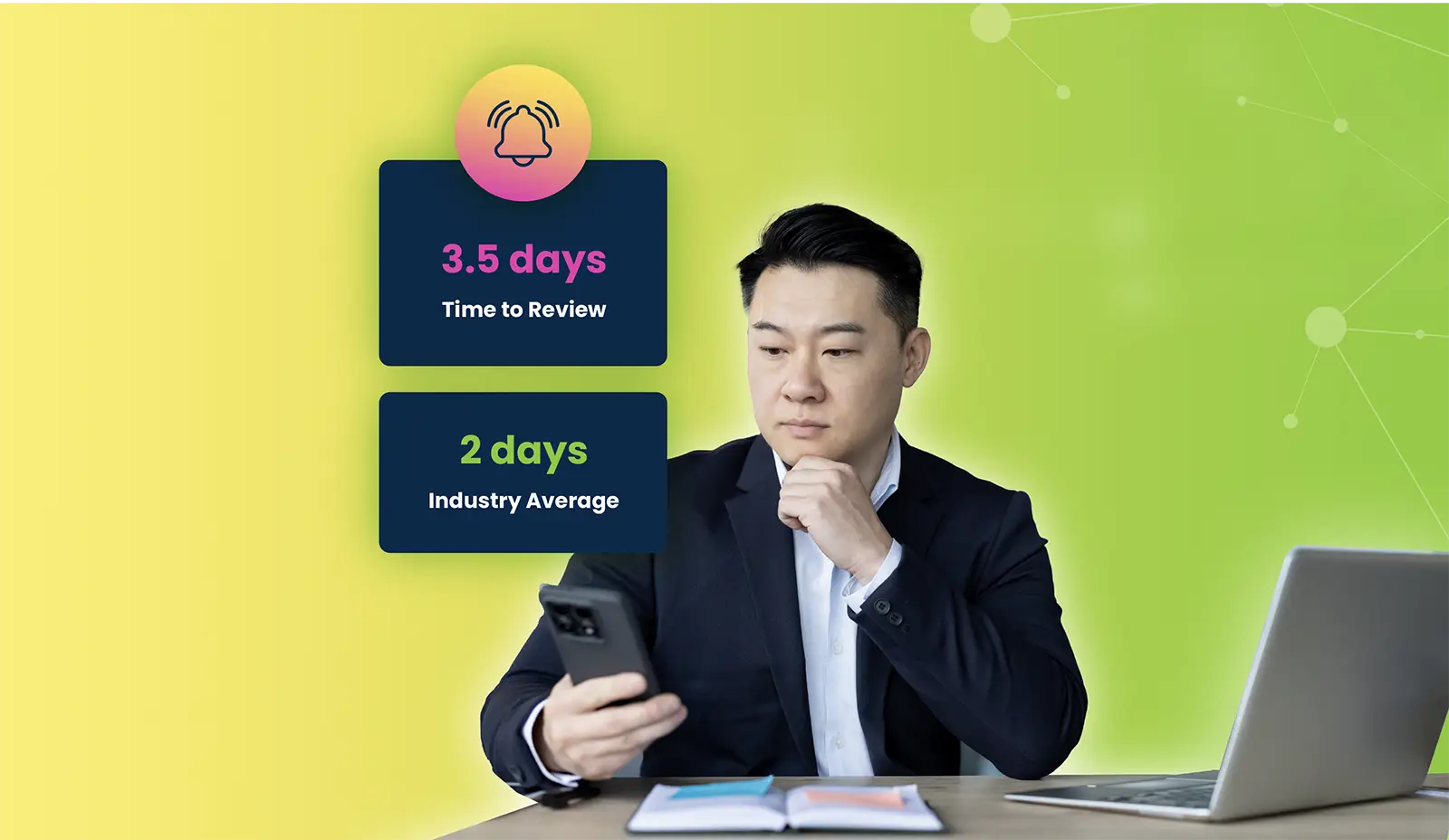 Hireology marketing illustration showing a manager beside hiring review-time indicators